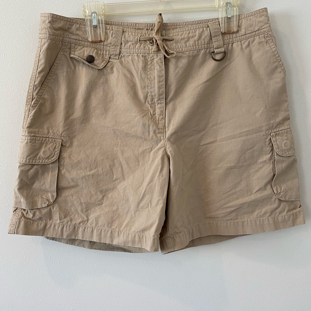 Jones New York Sport Shorts 14 Cargo Pockets 100% Cotton Khaki Tan Drawstring